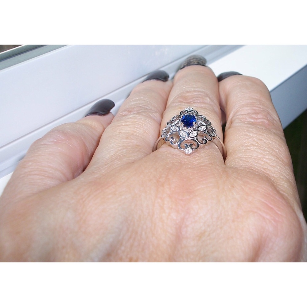 925 STERLING SILVER Simulated Blue Sapphire Cubic Zirconia Filigree Ring - Picture 4 of 16